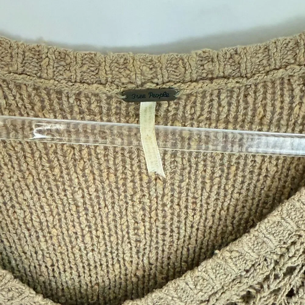 FREE PEOPLE Cross My Heart Knit Tunic Sweater XS Fringe Oversized Tan EUC B72